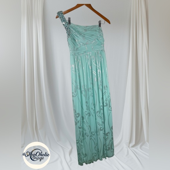 City Studio One Shoulder Formal Gown NWT Size 7 Light Blue Silver Glitter - Picture 1 of 9